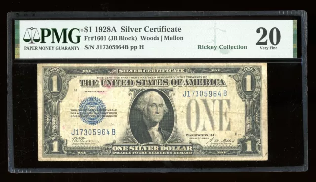 DBR 1928-A $1 Silver Funnyback Fr. 1601 JB Block PMG VF-20 Serial J17305964B