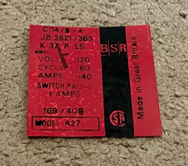 Vintage BSR Model A27 Manufacturer Sticker Serial Number Info 2"x2" Square Red