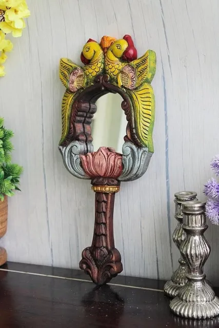 Beautiful Hand Painted Wooden Mirror Frame, Antique Handmade Parrot Design Woode