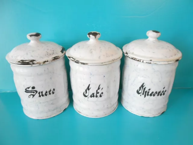 lot de 3 pots en métal émaillé blanc et bleu vintage ancien