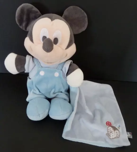 D9. DOUDOU DISNEY NICOTOY MICKEY avec mouchoir bleu tête de , gris 30cm - TBE