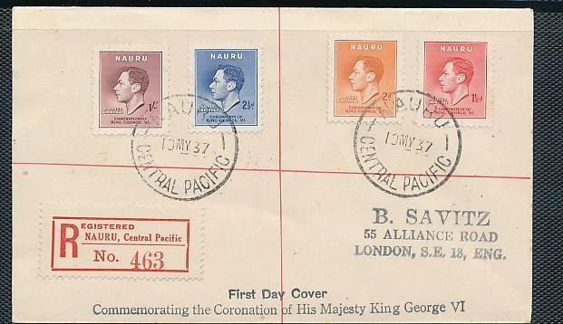 NAURU 1937 KGVI CORONATION  Sc 35-38 REGD  FDC