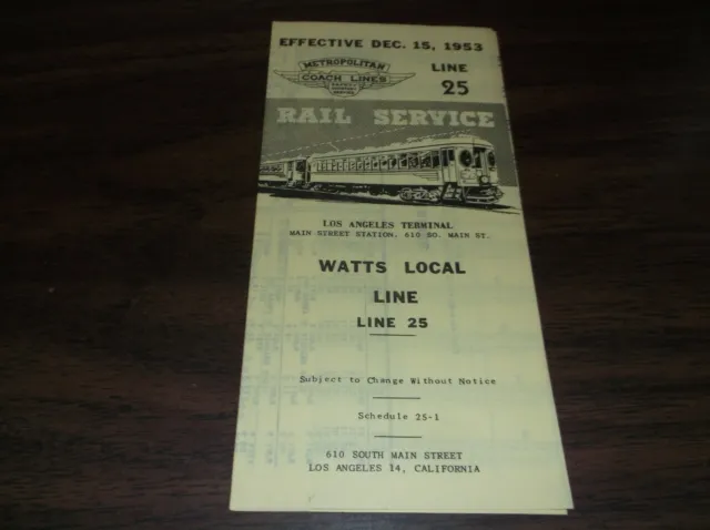December 1953 Metropolitan Coach Lines Los Angeles Watts Local Timetable