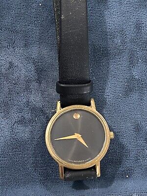 Movado Ladies Swiss Made Black Museum Dial Black Leather Band Watch, 8”
