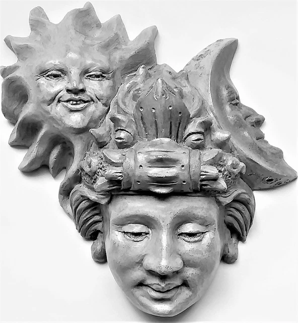 Pieza artesanal de escultura de pared de arte popular hecha a mano de 9" lista para pintar, mística Sol Luna