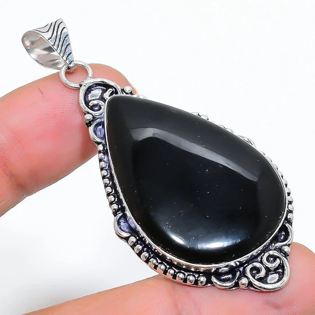 Pendentif en argent sterling 925 fait à la main avec obsidienne d