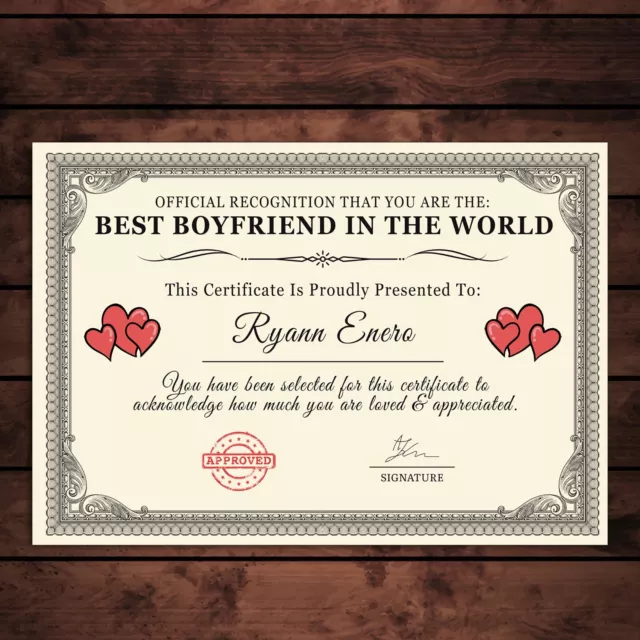 Personalised 'Best Boyfriend In The World' Certificates Gift/Print