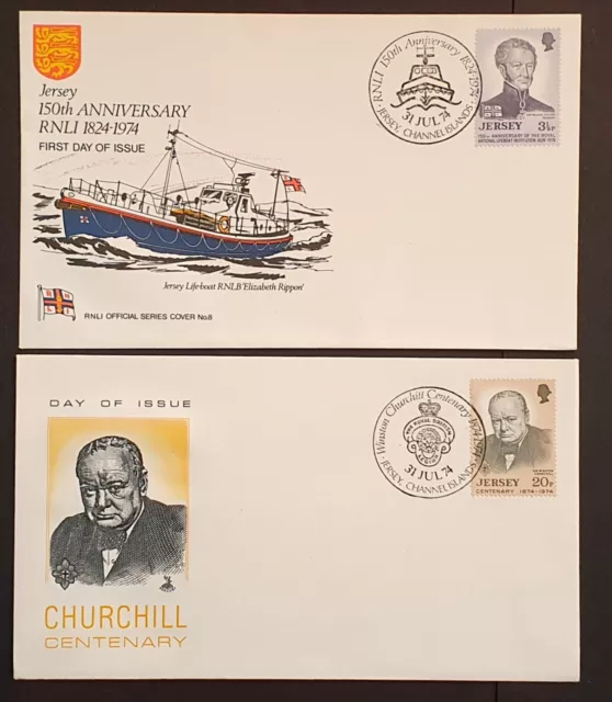 JERSEY STAMPS 1974 FIRST DAY COVERS x 2 ANNIVERSARIES CHURCHILL & RNLI (w)