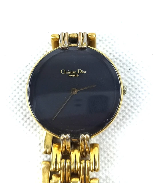 Golden Christian Dior Paris Watch Vintage Wristwatch Luxur Round Black Dial 18