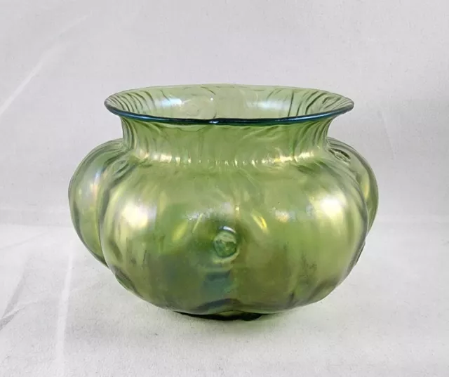 Loetz Art Nouveau Creta Rusticana Bohemian Green Melon Iridized Vase - 4" tall