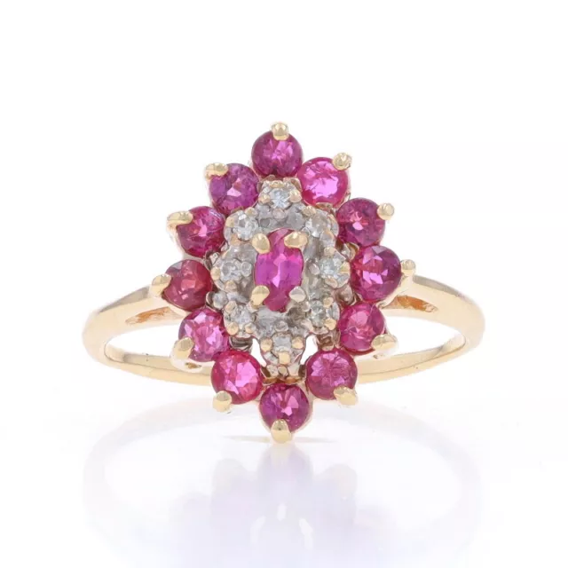 Yellow Gold Ruby Cluster Diamond Halo Ring - 10k Marquise & Round 1.13ctw