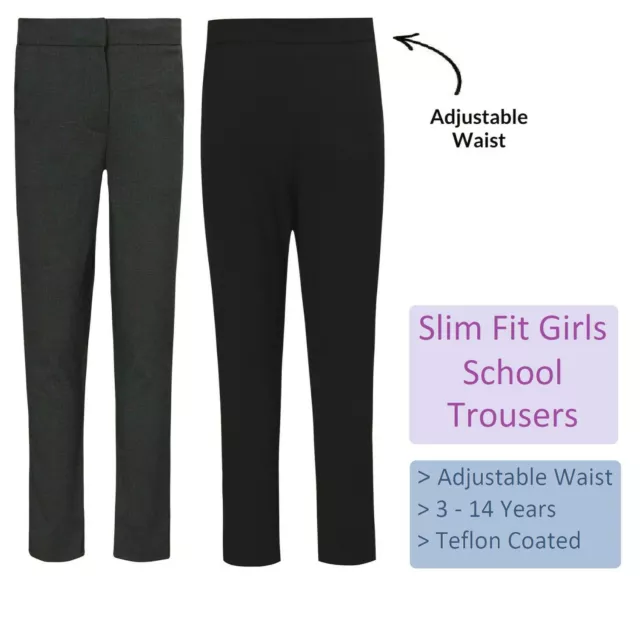 Girls School Trousers Slim Fit Slim Leg Adjustable Waist Ages 3-14y