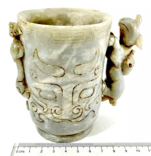 Ming Dy. Antique Chinese 10x10 CMS Greyish Jade Dragon Cup/Glass