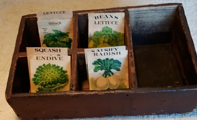 antique box primitive red painted seed box  14 x 9 x3 with old seed packets 1912