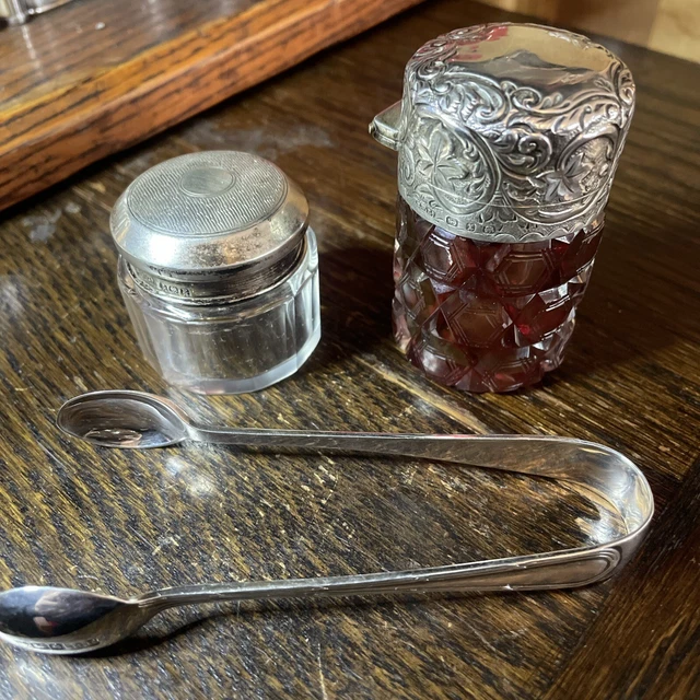antique Silver Hallmarked Jars And Sugar Tongs