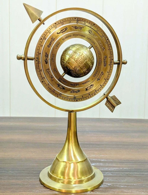 Ancien globe de bureau armillaire en laiton sphère base bois vintage