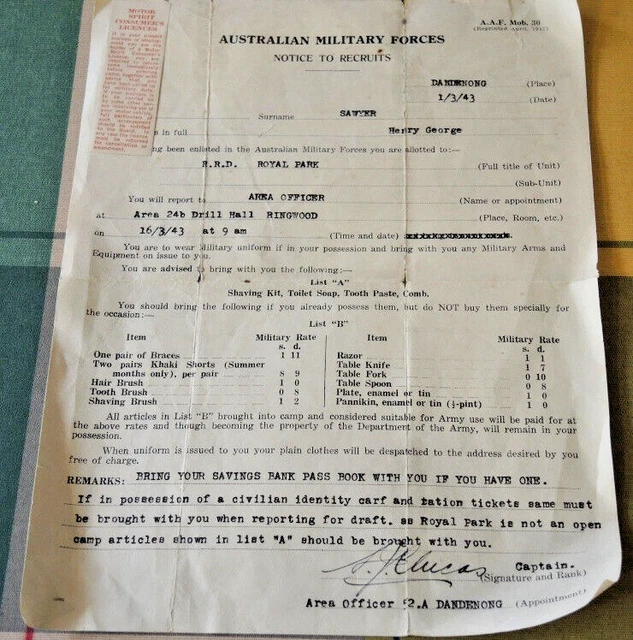 Ww2 Form Amf Notice To Recruits Henry George Sawyer March 1943 #6