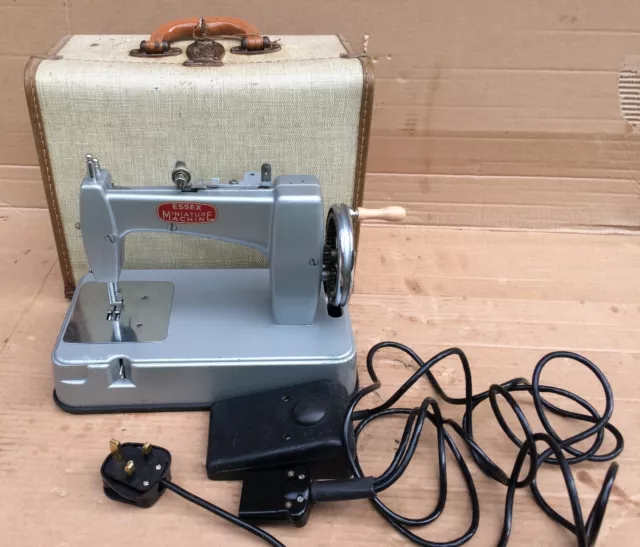 Máquina de coser vintage Essex miniatura/juguete puntada cadena ELÉCTRICA y MANIVELA MANUAL