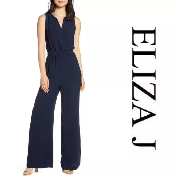 ELIZA J Sleeveless Crepe Jumpsuit Navy Blue Siz 18 Elastic Waist Wrap Top Pocket