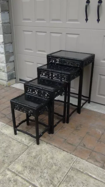 Set Of 4 Antique 19C Chinese Wood Carved Nesting Tables With Glass Top 3