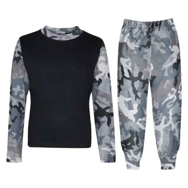 Kids Boys Girls Pjs Contrast Camouflage Charcoal Plain Stylish Pyjamas Set 2-13Y