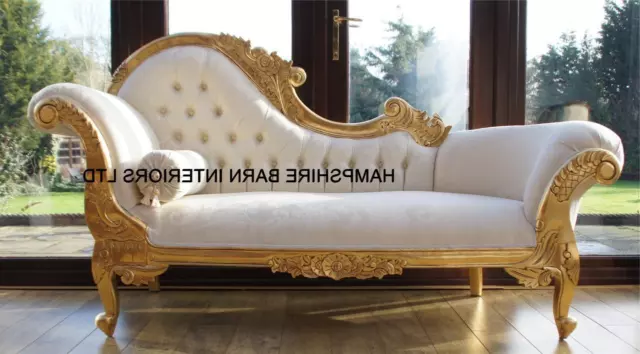 Ornate Chaise Sofa ivory cream damask fabric & GOLD  frame  with crystals