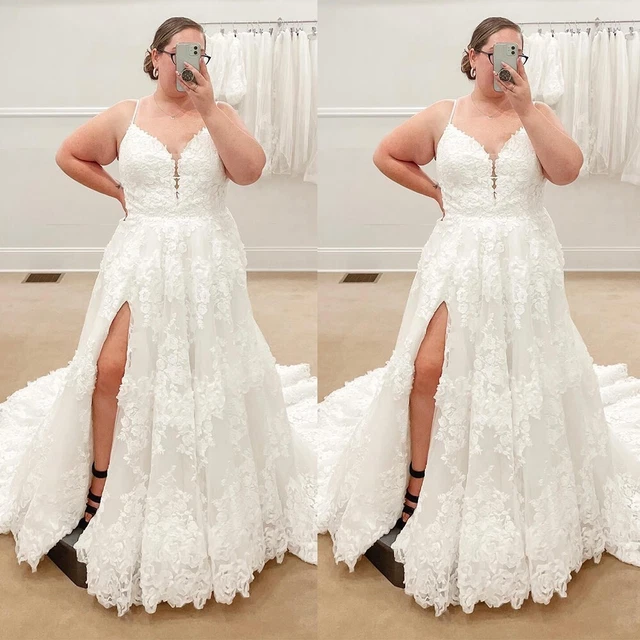 Plus Size Lace Wedding Dresses With Side Split V Neck Straps Ivory Bridal Gowns