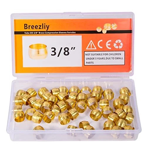 50PCS Tube OD 3/8" Brass Compression Sleeves Ferrules Brass Compression Fitting