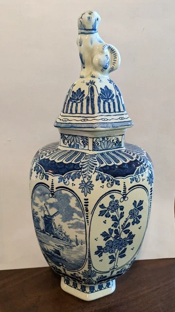 Vintage Pottery Delft Blue Boch for Royal Sphinx Ginger Jar Vase Foo Dog Lid