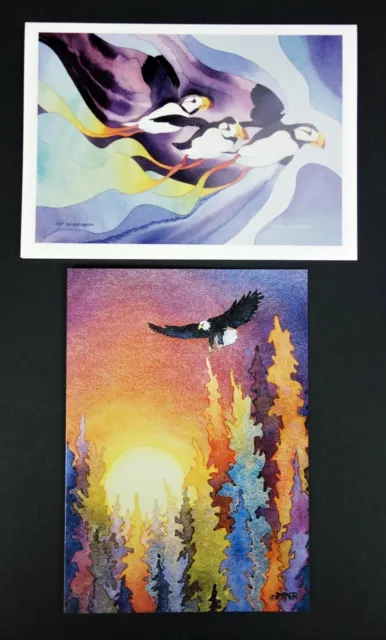 2 Cards Envelopes Nature Bald Eagle Puffin Bird Alaska Artists 5x7 Art Clean