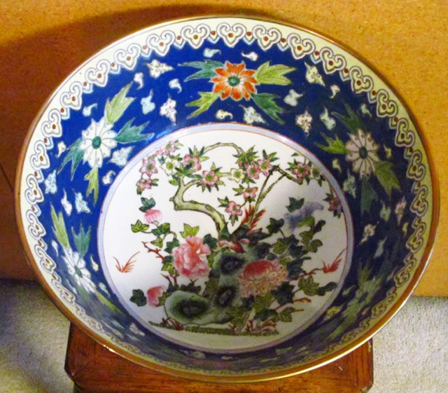 Antique Chinese Oriental Hand Painted Floral Phoenix Bird 14" Porcelain Bowl