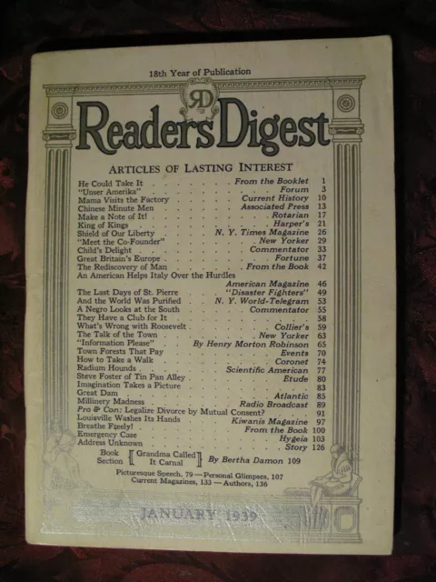 Readers Digest January 1939 John Gunther Sigmund Spaeth Fairfax Downey