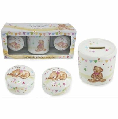 Cute Teddy Bear Ceramic Christening Gifts Bank, Dinner Set, First Tooth or Curl