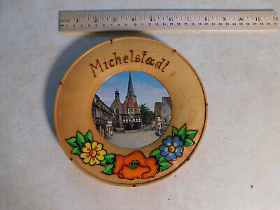 Vtg German MICHELSTADT Floral Wooden Plate Wall Hanging Hand Carved Painted HTF