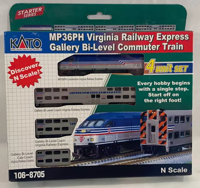 Kato 106-8705 MP36PH Virginia Railway VRE Gallery Bi-Level Commuter 4 Train Set