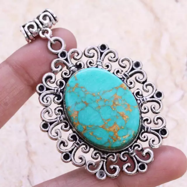 Copper Turquoise Art Piece 925 Silver Plated Pendant of 2.3"