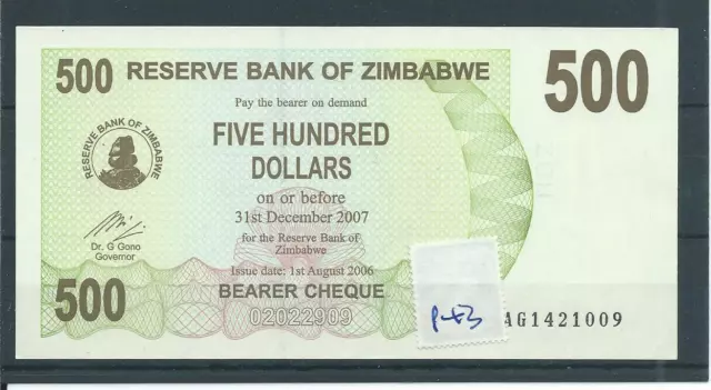 Zimbabwe Bank Note - P43 - Five Hundred Dollars  Bearer Cheque - Unc.