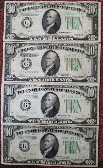 1934-A Set of 4 $10 Dollar Federal Reserve Note Green Seal "G" Chicago Bill