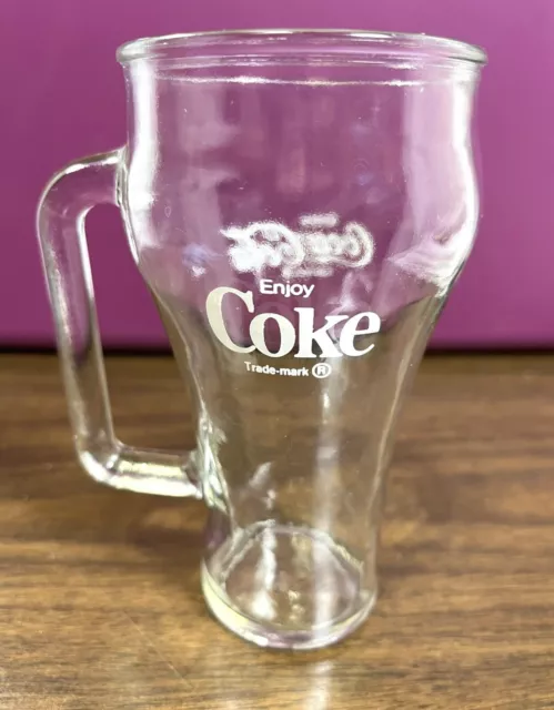 Clear Coca Cola Glass With Handle Mug 12 oz Vintage White Letters