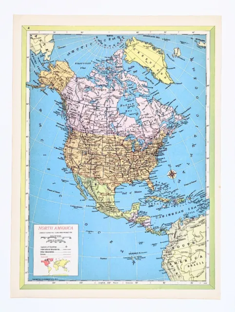 1954 North America Map United States Canada Mexico West Indies Alaska Greenland