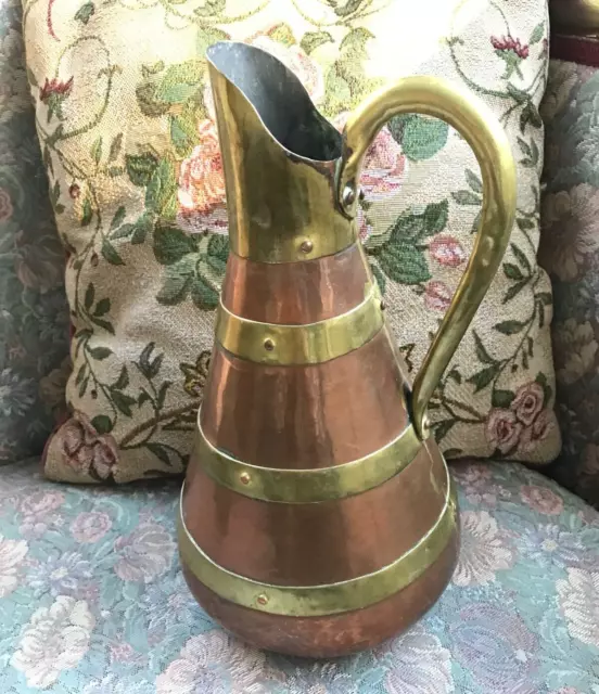 Hand Hammered Russian Copper & Brass Cooking Oil Pitcher Signed Bottom 12" Tall