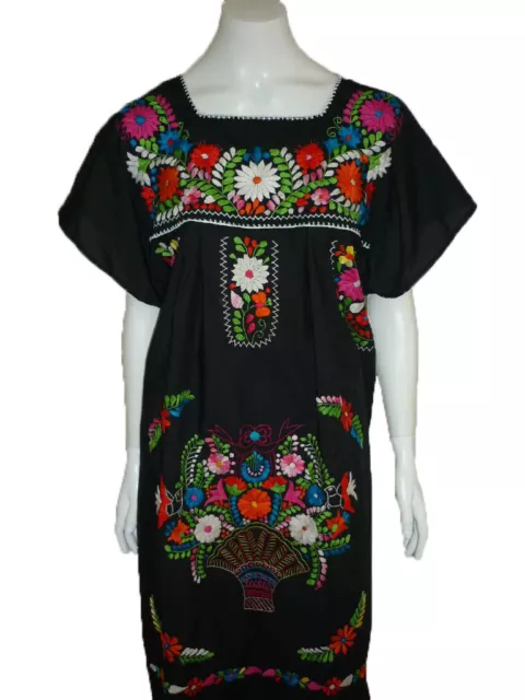 Black Boho Vintage Style Hand Embroidered Tunic Mexican Dress Hippie Puebla