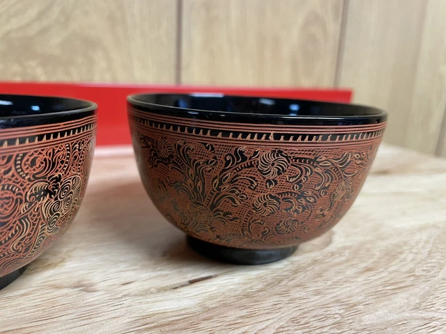 SET OF 3 Burmese Lacquer Bowls Cups Hand Painted Lacquerware Asian Myanmar 4