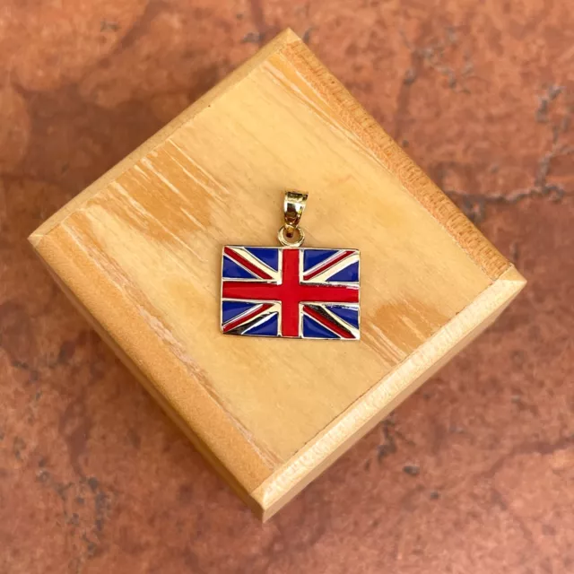 14KT Yellow Gold Enamel Union Jack Flag United Kingdom Pendant Charm NEW 18mm