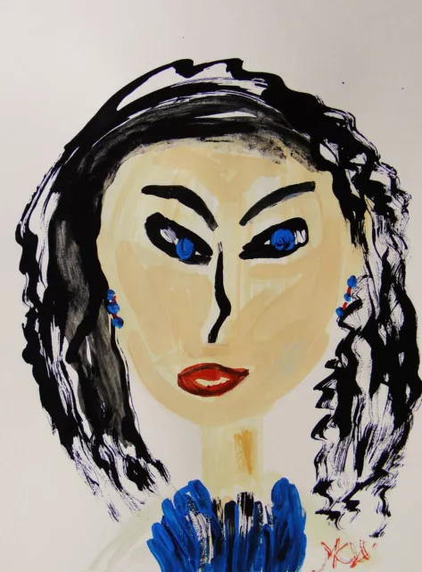 ORIGINAL Girl  Face  Folk Outsider Raw Brut  Naive Mary Carol art Primitive