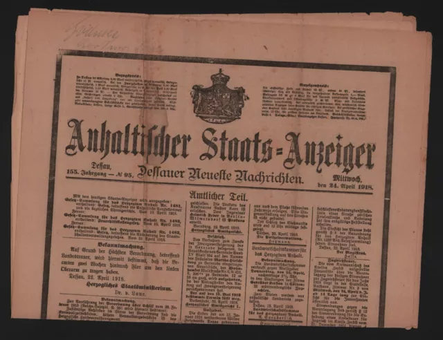 DESSAU, Zeitung 1918, Anhaltischer Staats-Anzeiger Dessauer Neueste N. WWI