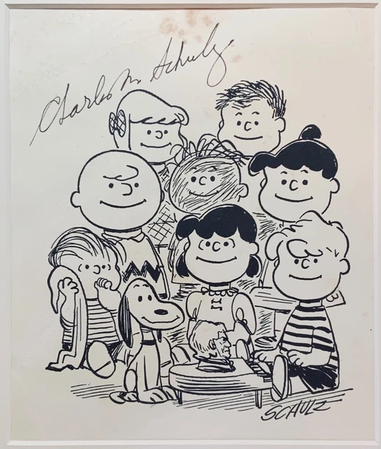 ORIGINAL CHARLES M. Schulz 9 Character Drawing of the Peanuts Gang