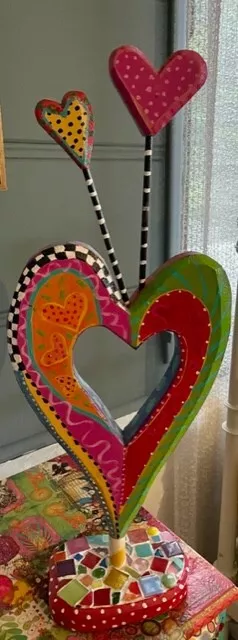 OOAK HAND-CARVED HAND-PAINTED WOOD SCULPTURE w/MOSAIC BASE by Bebe Long FOLK ART
