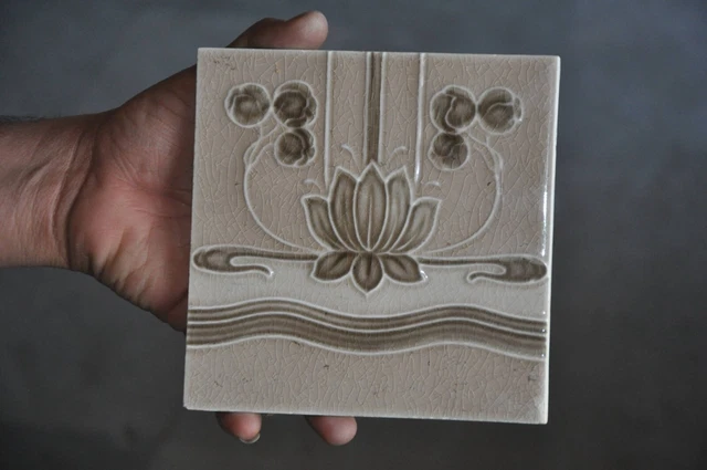 4 Pc Vintage Majolica Flower Embossed Decorative Art Ceramic Tiles , England 7