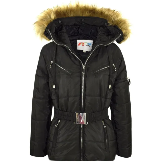 Kids Girls Jackets Puffer Hooded Faux Fur Black Padded Zipped Belted Warm Coats